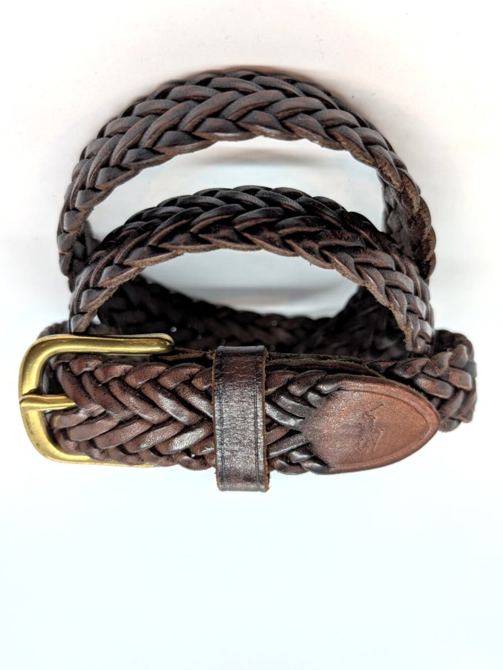 VTG Polo Ralph Lauren Belt Mens Sz 32 Braided Leather Brass Buckle Pony Logo